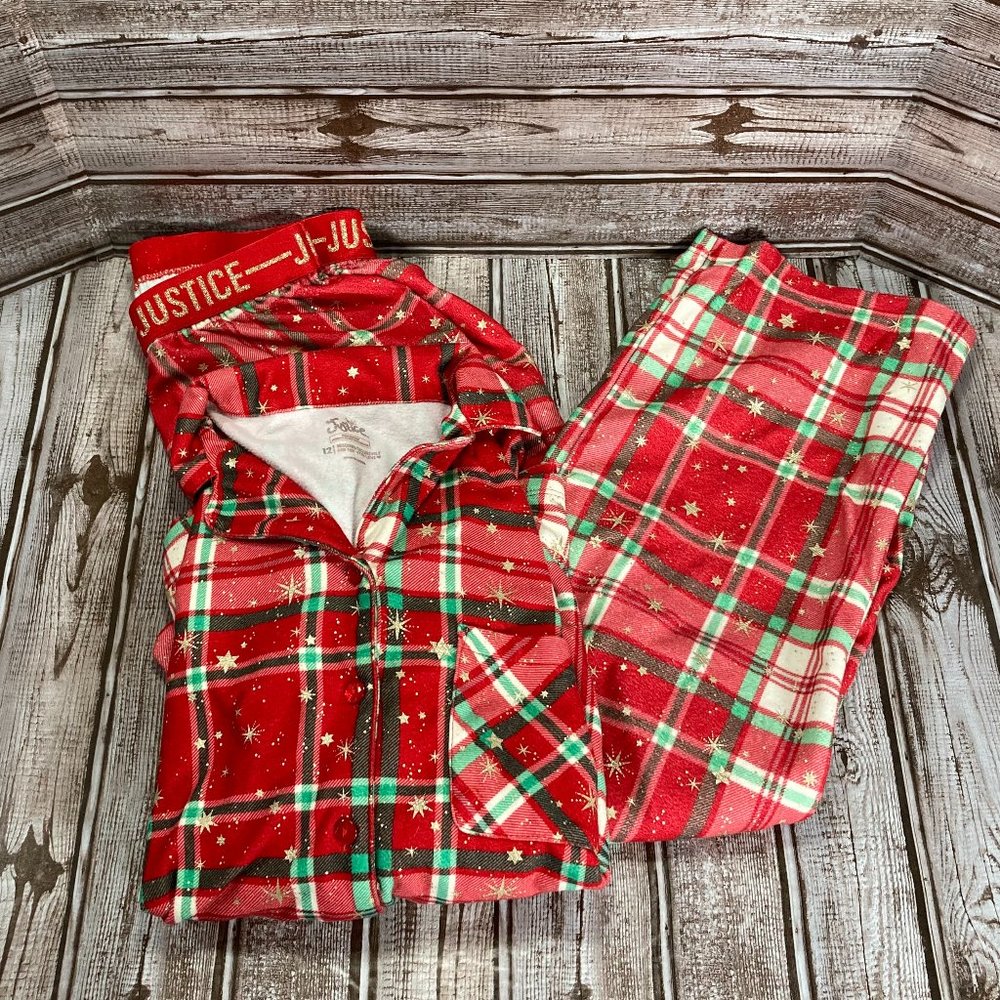 JUSTICE Girl's 12 Christmas Holiday Plaid Flannel Pajamas PJs Red Green